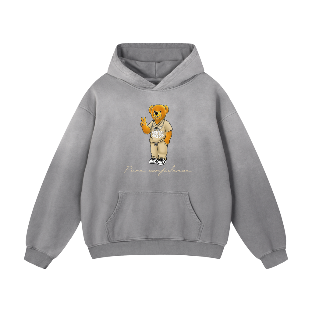 Gray hoodie with a teddy bear graphic and text on a white background