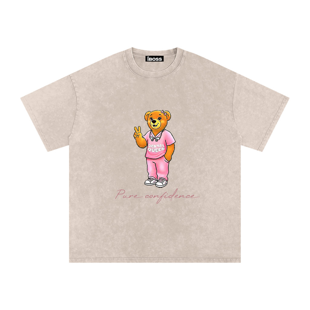 Beige t-shirt with a cartoon bear design and text on a white background