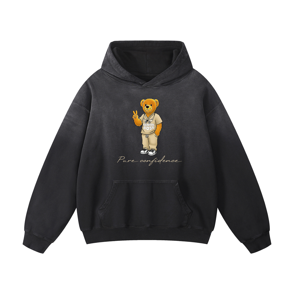 Black hoodie with a teddy bear graphic and 'Pure Confidence' text on a white background