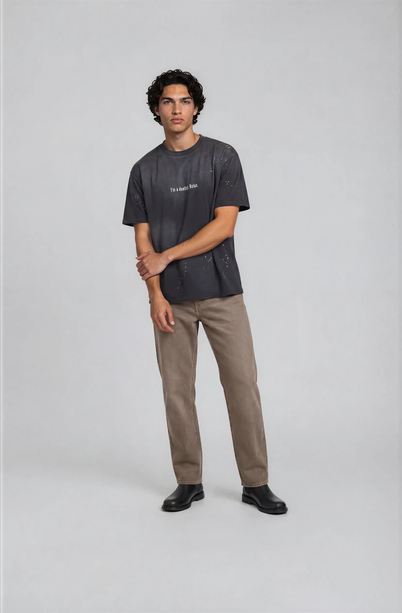 Man wearing a black t-shirt and beige pants on a gray background
