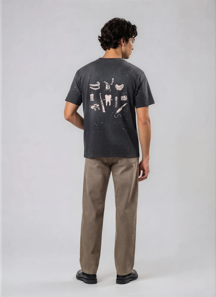 Man wearing a dark gray t-shirt with a graphic design on the back, standing against a plain background.