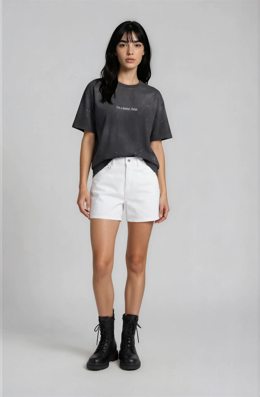 Person wearing a dark gray t-shirt, white shorts, and black boots on a plain background