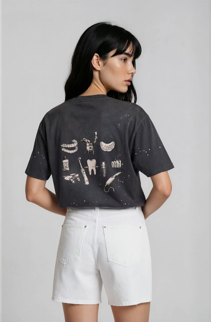 Person wearing a black t-shirt with graphic designs on the back against a plain background