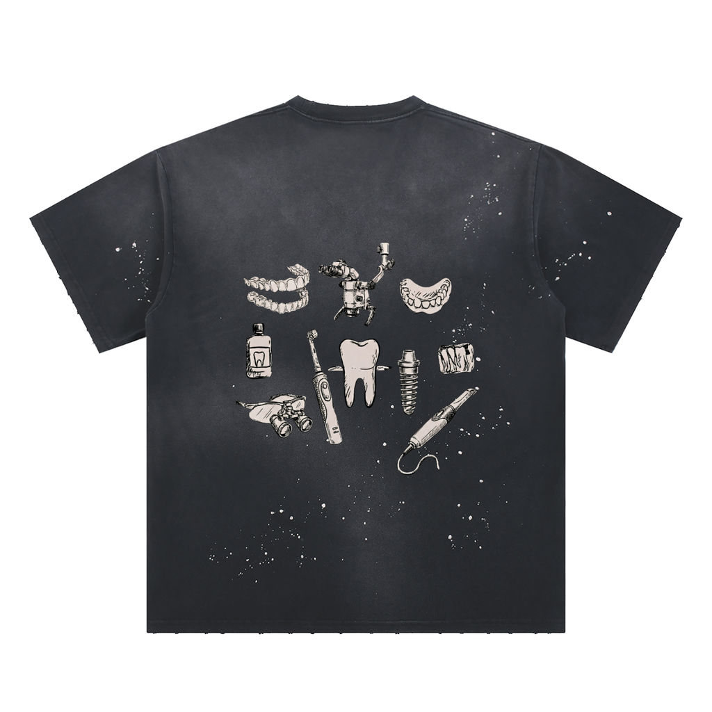 Black t-shirt with white graphic design on a white background